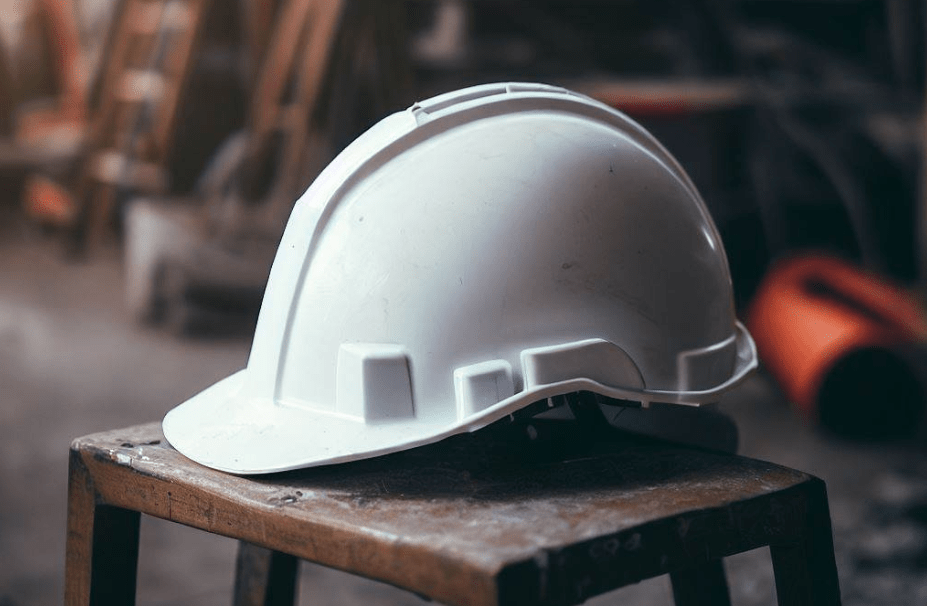 A temporary construction worker’s hat sitting on a stall at a construction site where they work after being hired through a recruitment agency