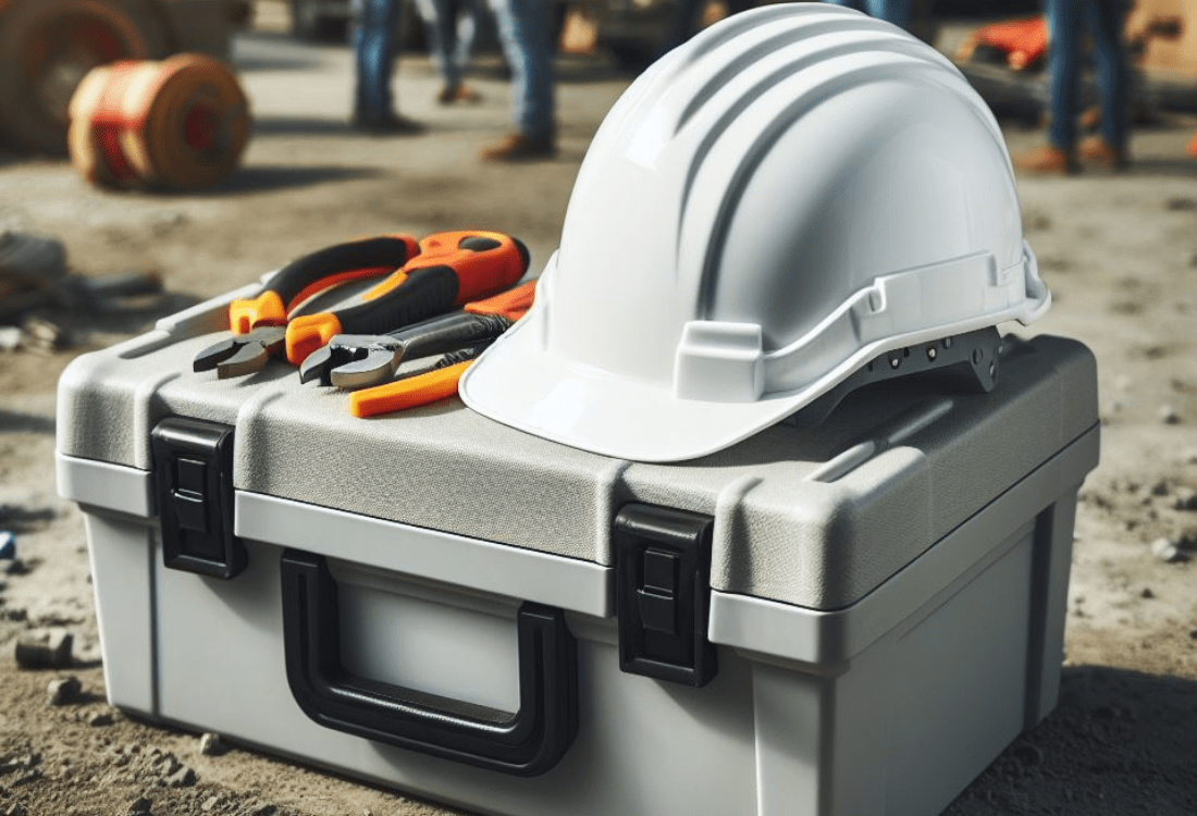 Hard hat resting atop a toolbox on a construction site that has been supplied by contractors who are committed to ethical recruitment and ensuring the safety and well-being of their workers.