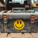 A tool box in the back of a workers truck that is adorned with a smiley face sticker that was put there by a happy worker who has been positively impacted by prioritising worker wellbeing and empathy in the construction industry.