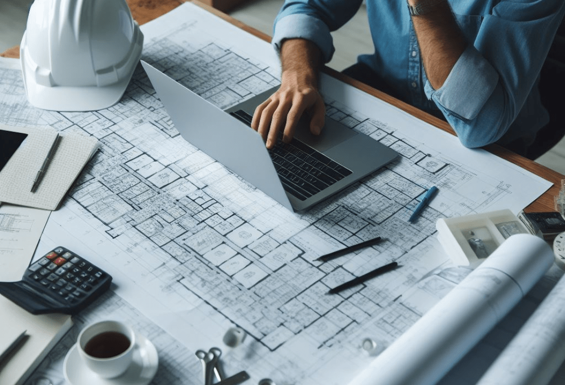 A table filled with blueprints for a new build whilst a member of the construction management team hired through construction recruitment work to ensure that your project is built efficiently, safely and under budget.